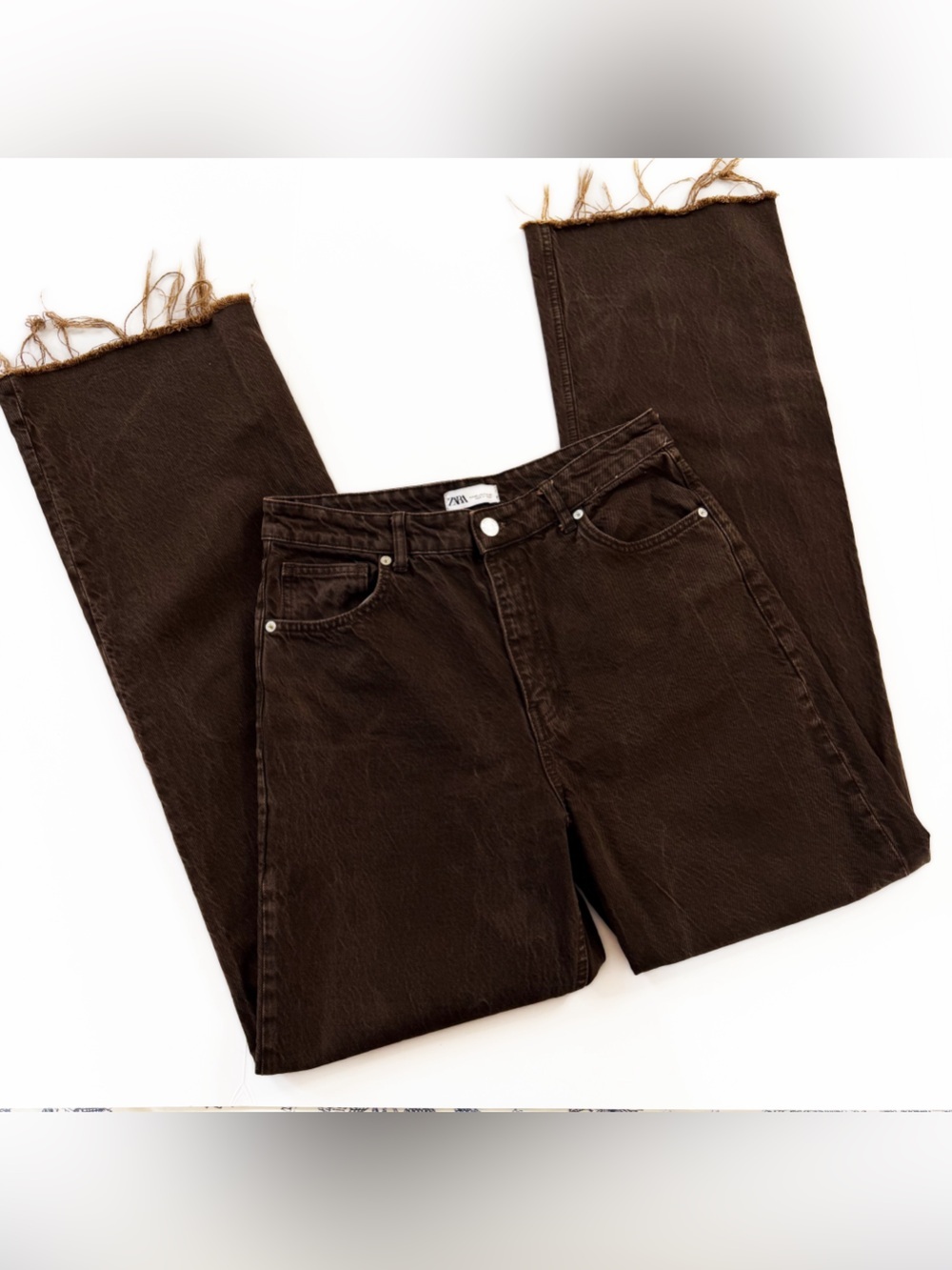 Zara Jeans Womens 8 Brown High Rise Full Length 90s Raw Hem
